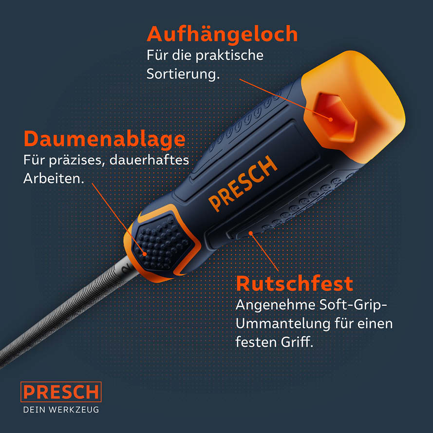 PRESCH Feilenset mit ergonomischem Griff und Aufhängeloch, robustes Handwerkszeug mit Anti-Rutsch-Beschichtung.