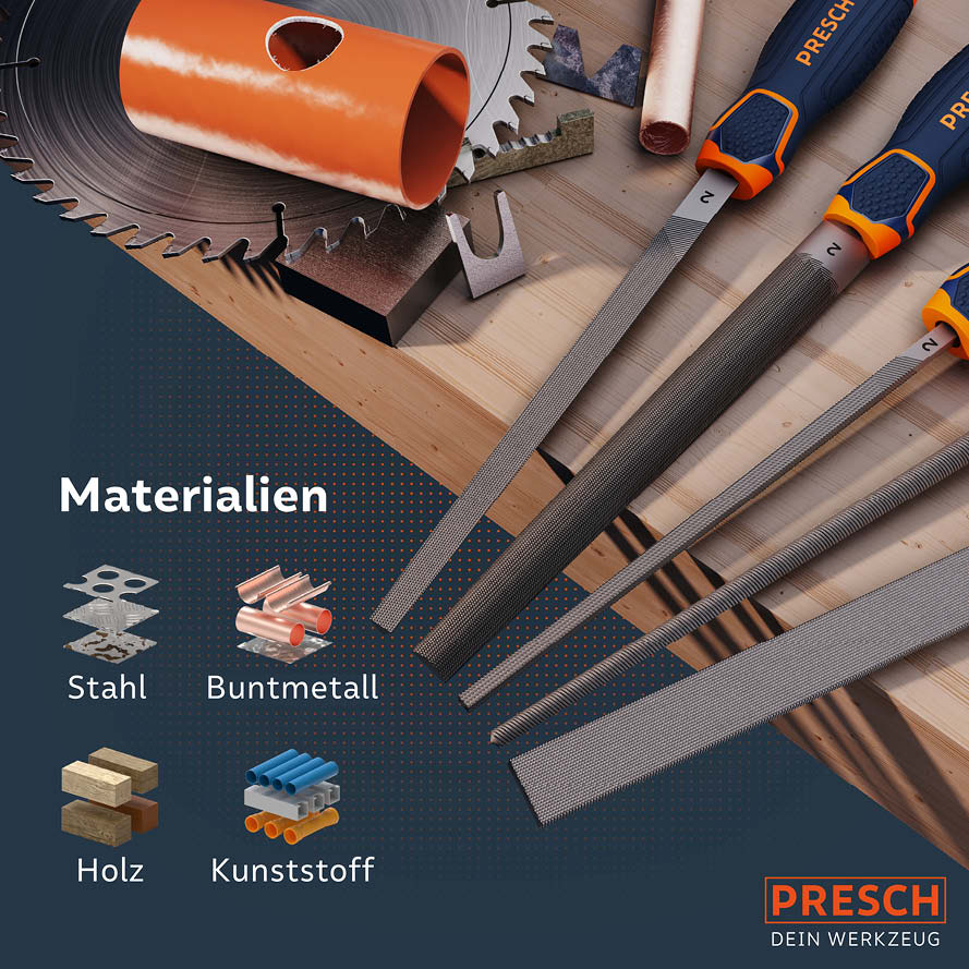 Presch Feilenset mit 7 verschiedenen Werkzeugfeilen für Materialbearbeitung von Stahl, Buntmetall, Holz und Kunststoff.