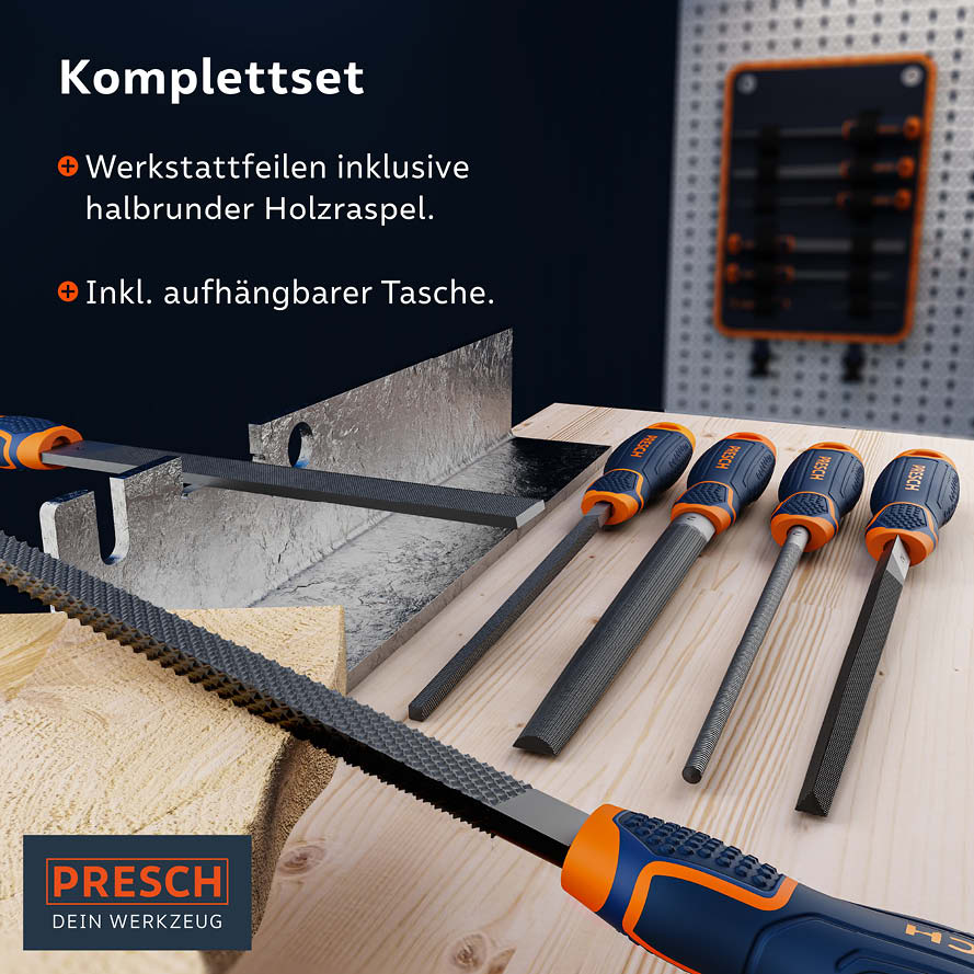 Feilenset mit Raspel von PRESCH, verschiedene Werkstattfeilen und eine halbrunde Holzraspel auf Holzuntergrund, inklusive aufhängbarer Tasche.