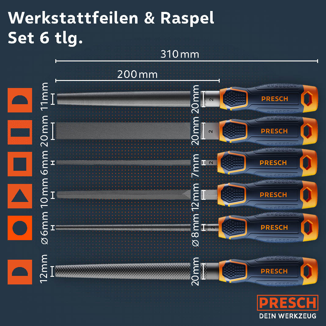 PRESCH Feilenset mit Raspel, 6-teilig, verschiedene Größen und Hiebe für präzise Metall- und Holzbearbeitung.