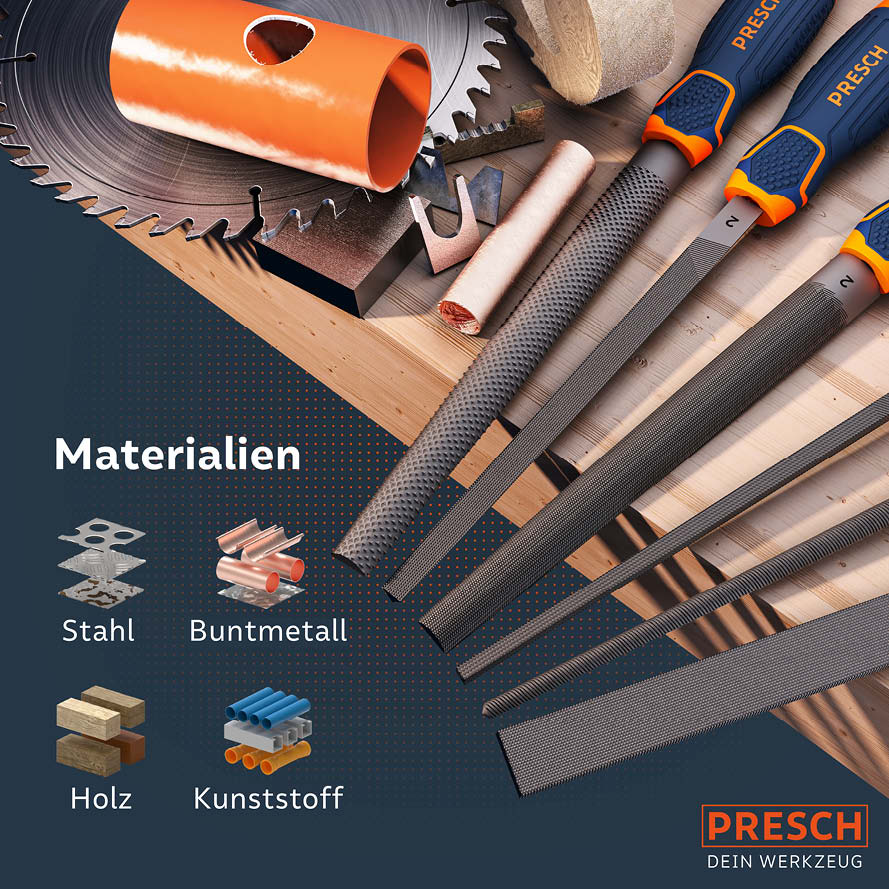 Presch Feilenset mit Raspel für Holz, Stahl und Buntmetall inklusive Flach-, Rund- und Halbrundfeilen