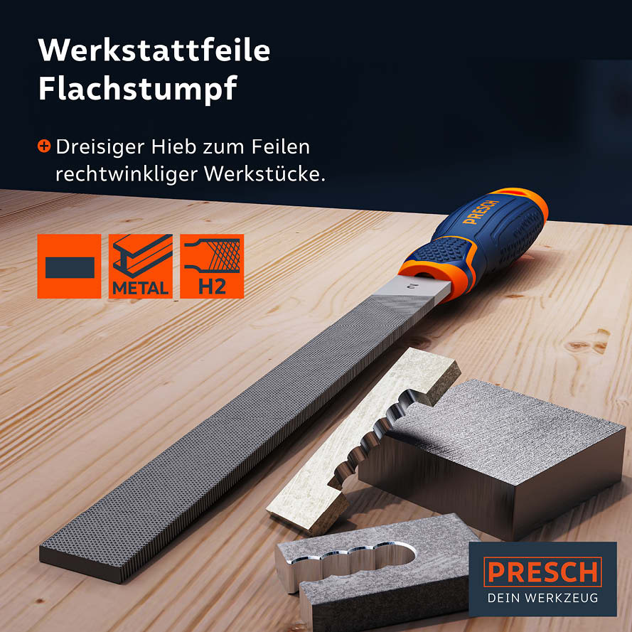 PRESCH Flachfeile mit ergonomischem Griff für Metallbearbeitung und Feinarbeiten auf Holzoberflächen.