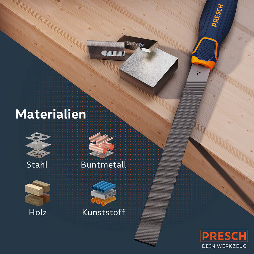 Flachfeile von PRESCH auf Holz neben Darstellung verschiedener Materialien wie Stahl und Kunststoff.