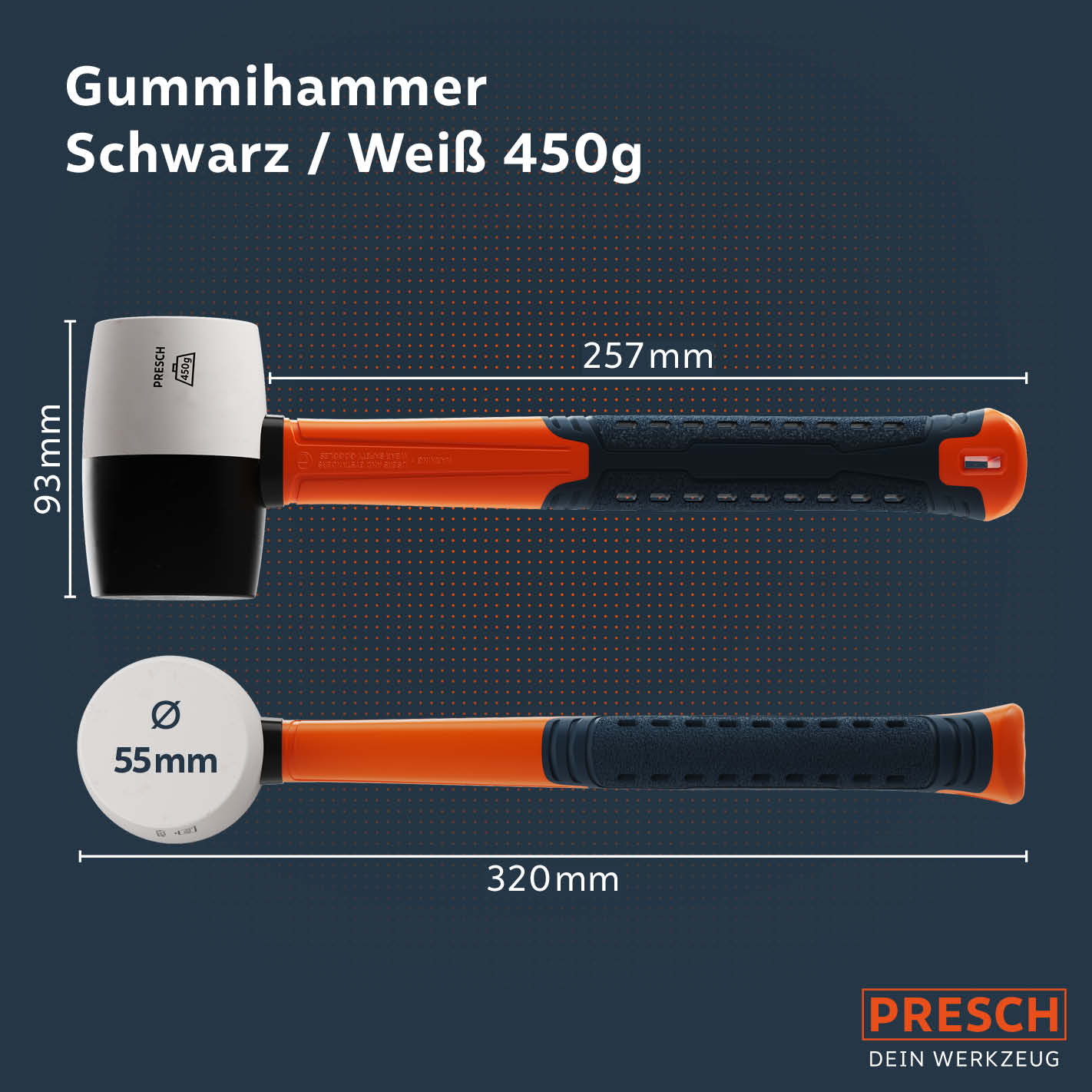 Presch Gummihammer 450g in Schwarz und Weiß mit ergonomischem Griff und robustem Schlagkopf für präzises Arbeiten