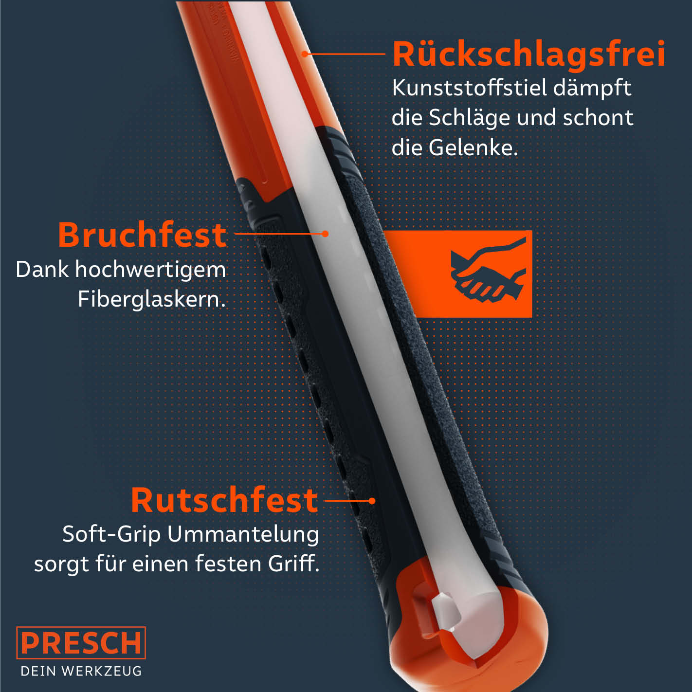 PRESCH Gummihammer mit Fiberglassstiel, rutschfester Griff und bruchfester Ausführung, Werkzeug zur Schonung der Gelenke beim Schlagen