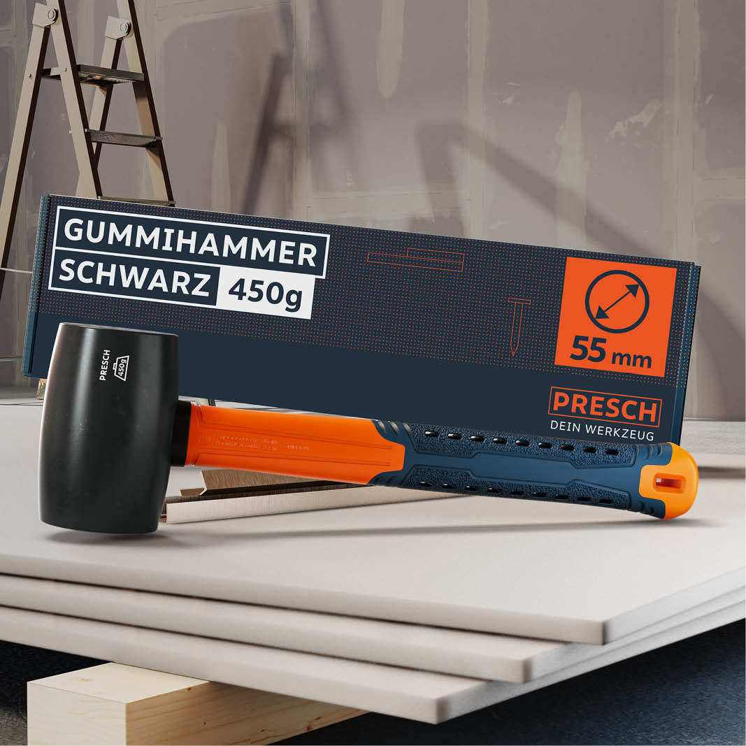 PRESCH Gummihammer für Trockenbau mit rutschfestem Griff und 450g Gewicht auf Gipskartonplatten.