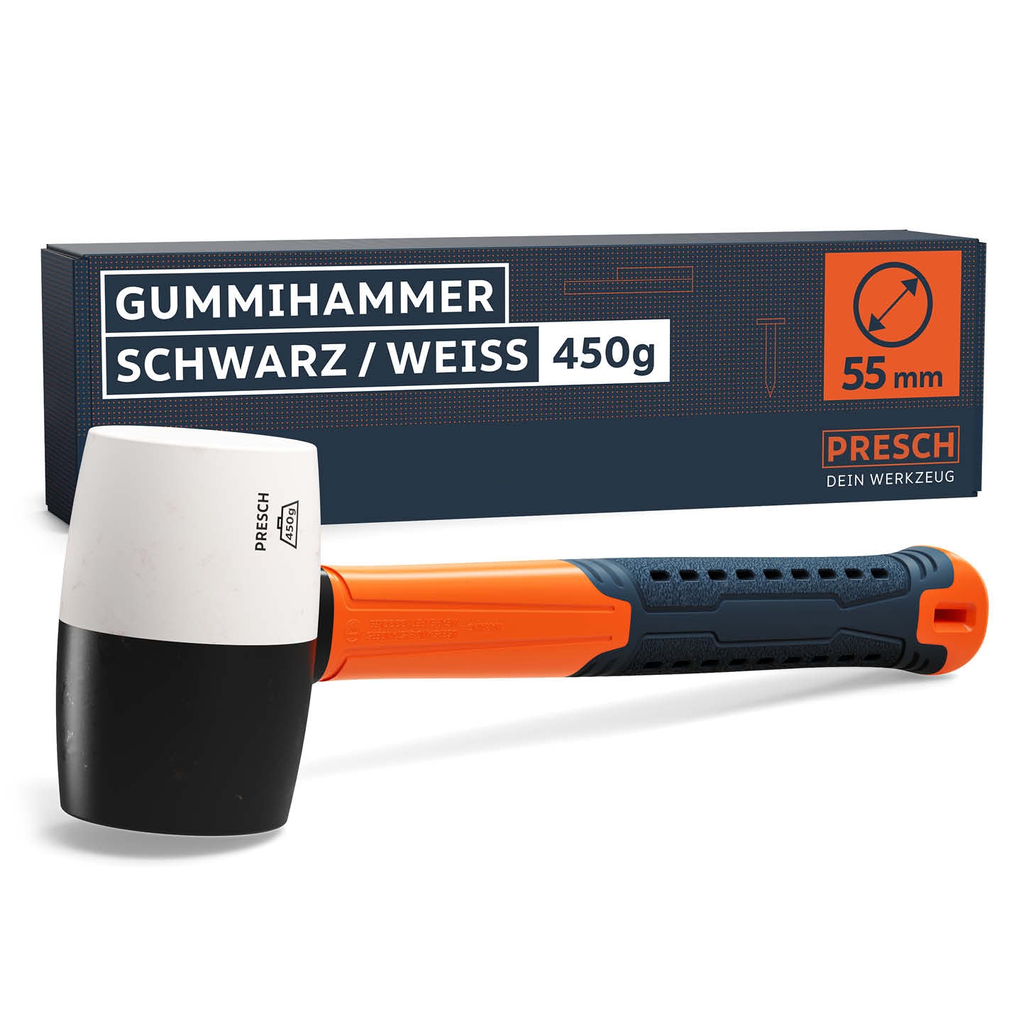 PRESCH Gummihammer in Schwarz-Weiß mit ergonomischem Griff und 450g Gewicht, Schonhammer für präzise Schläge