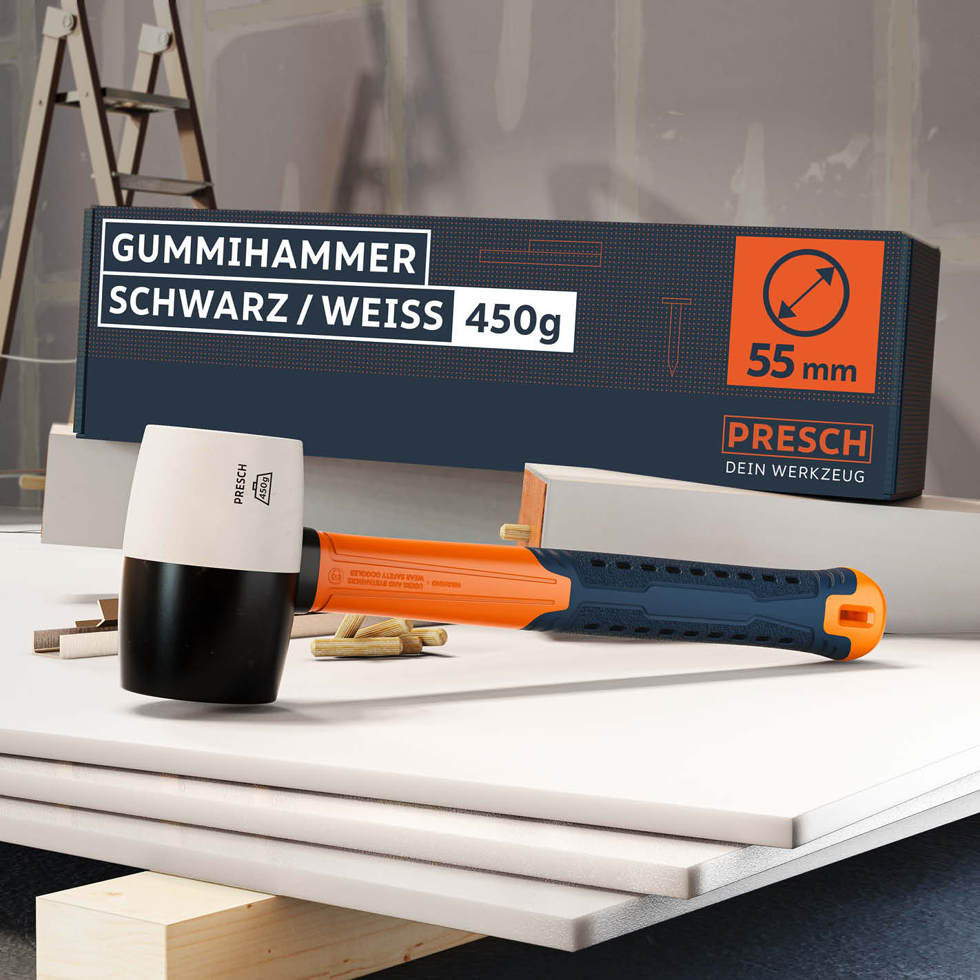 Zweifarbiger Presch Gummihammer in Schwarz und Weiß mit ergonomischem Griff und 450g Gewicht auf Werkbank