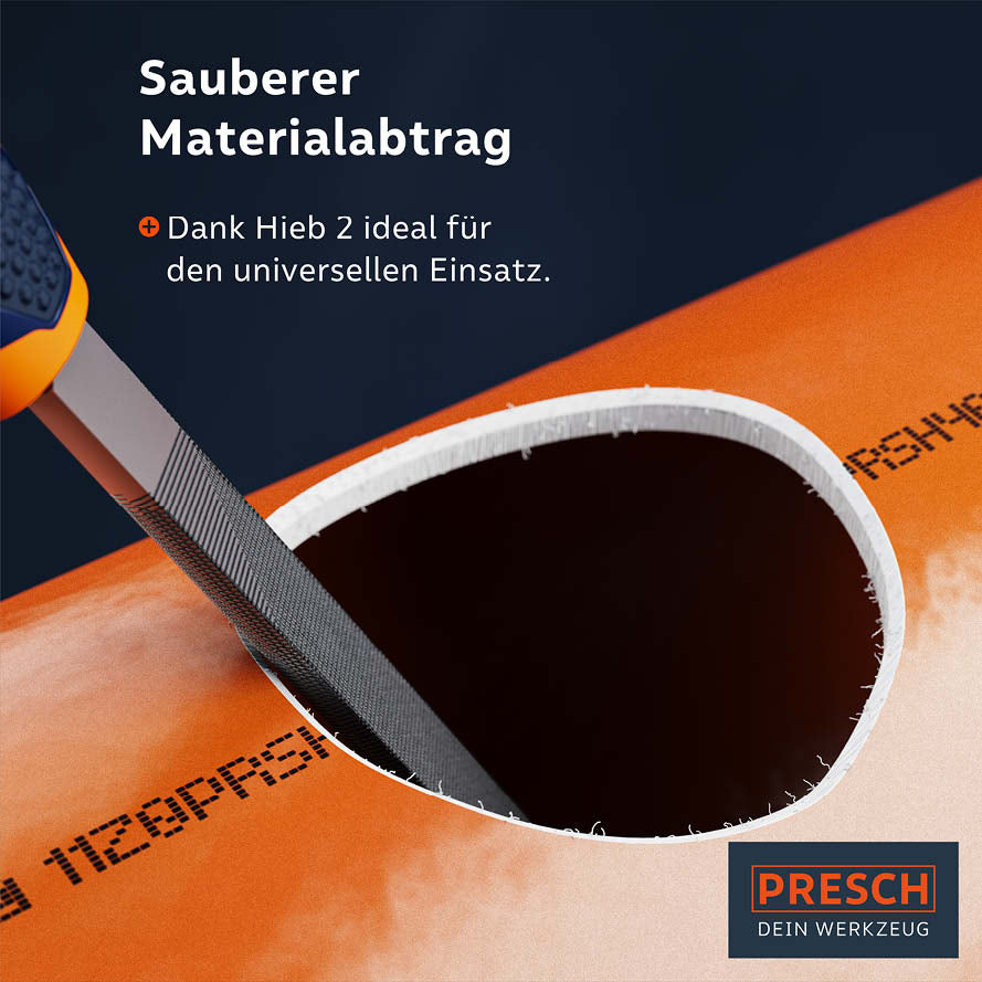 Halbrundfeile von PRESCH mit sauberem Hieb für universellen Materialabtrag, Feile und Raspel in Nahaufnahme.