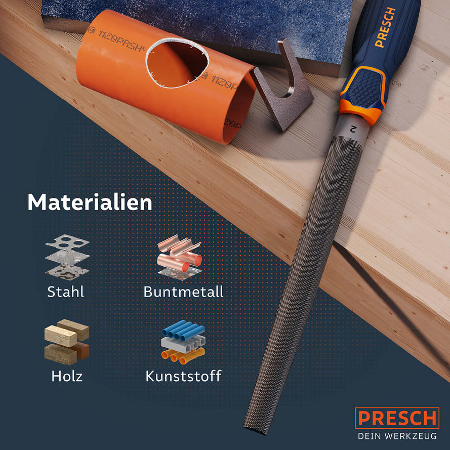 Presch Halbrundfeile auf Holz neben weiteren Werkzeugen und verschiedenen Materialproben wie Stahl und Kunststoff.