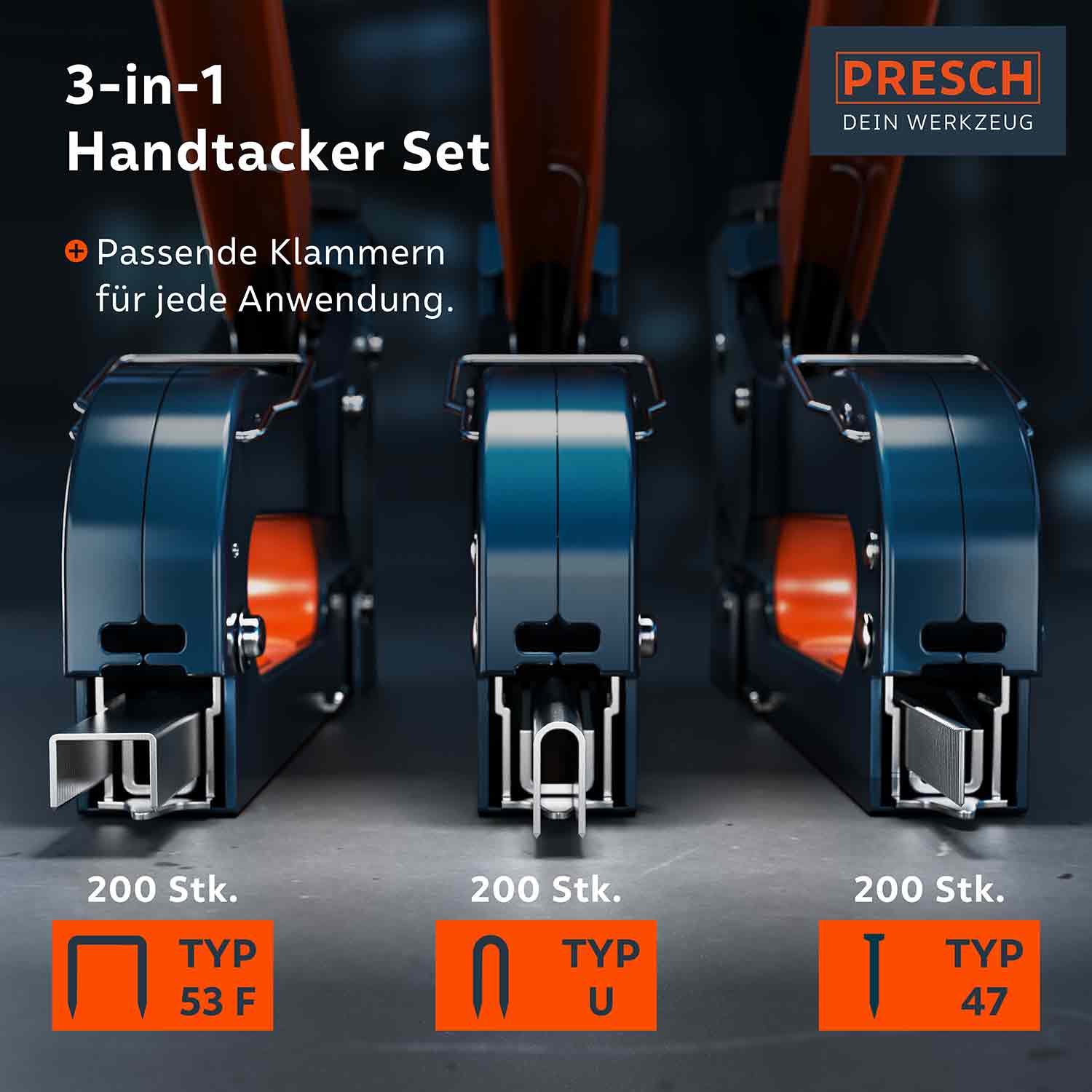 PRESCH 3-in-1 Handtacker Set mit verschiedenen Klammertypen für Heimwerkerarbeiten und Befestigungsaufgaben.