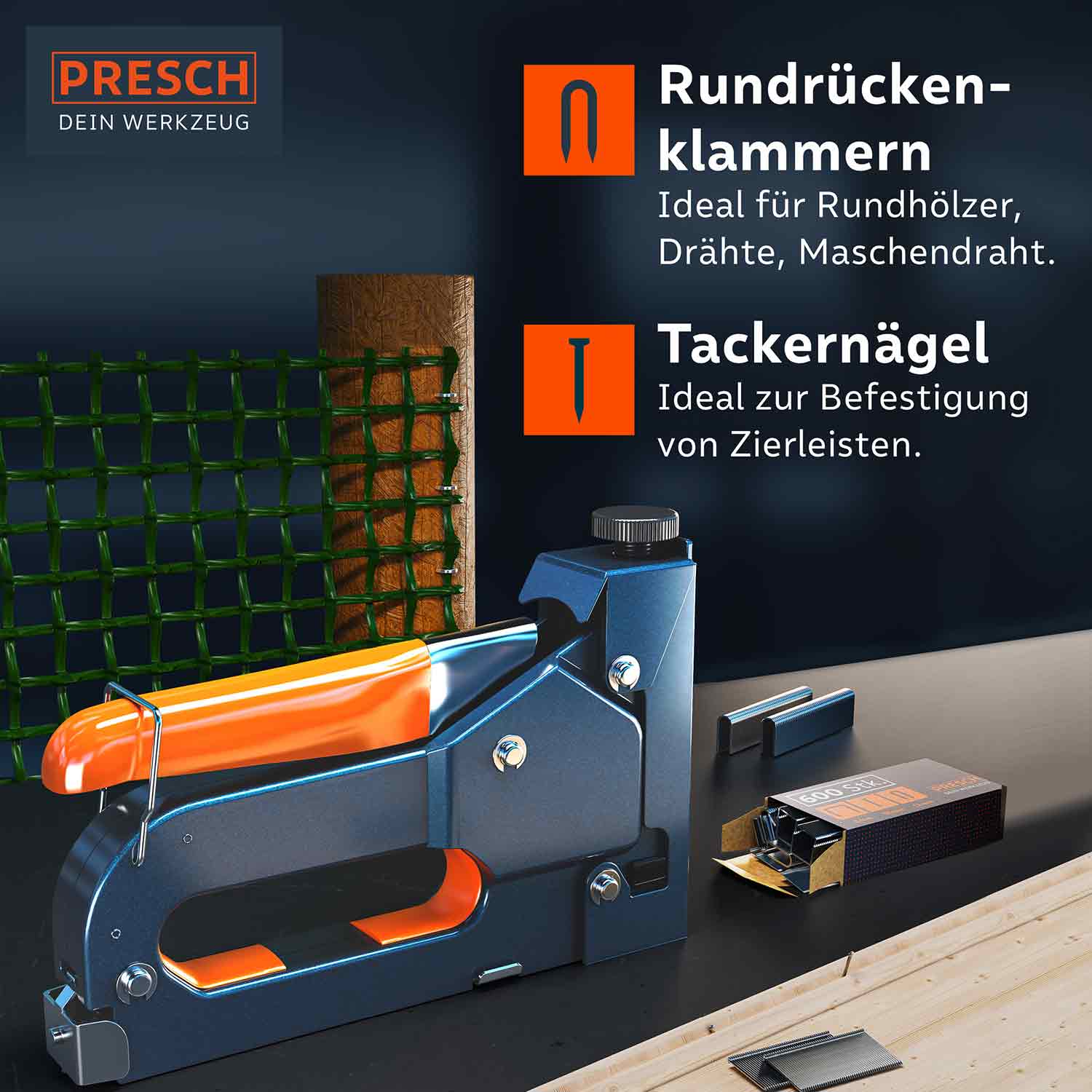 Presch Handtacker mit Klammern und Tackernägeln für Heimwerkerarbeiten.