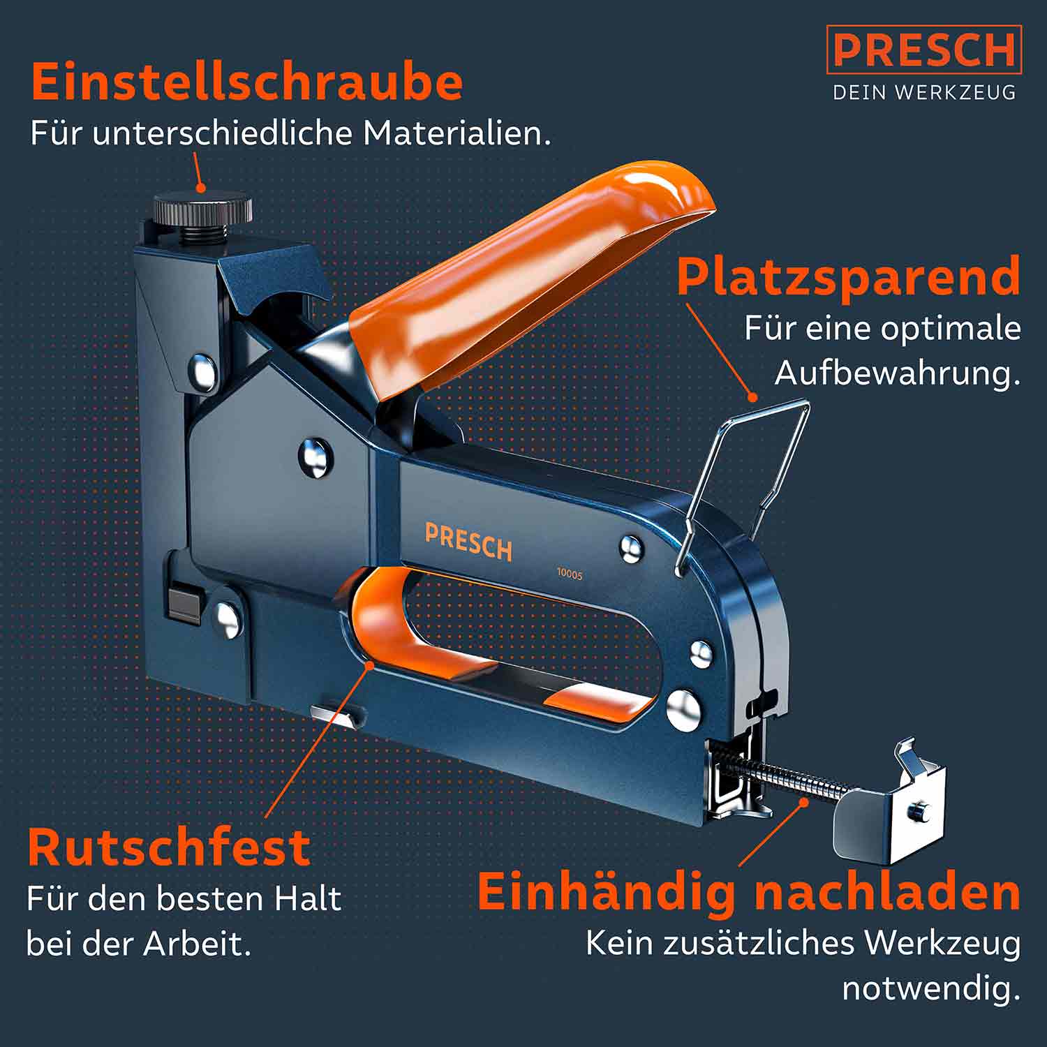 Presch Handtacker Modell 10005 mit einstellbarer Schraube und rutschfestem Griff, einhändig bedienbar und platzsparendes Design.