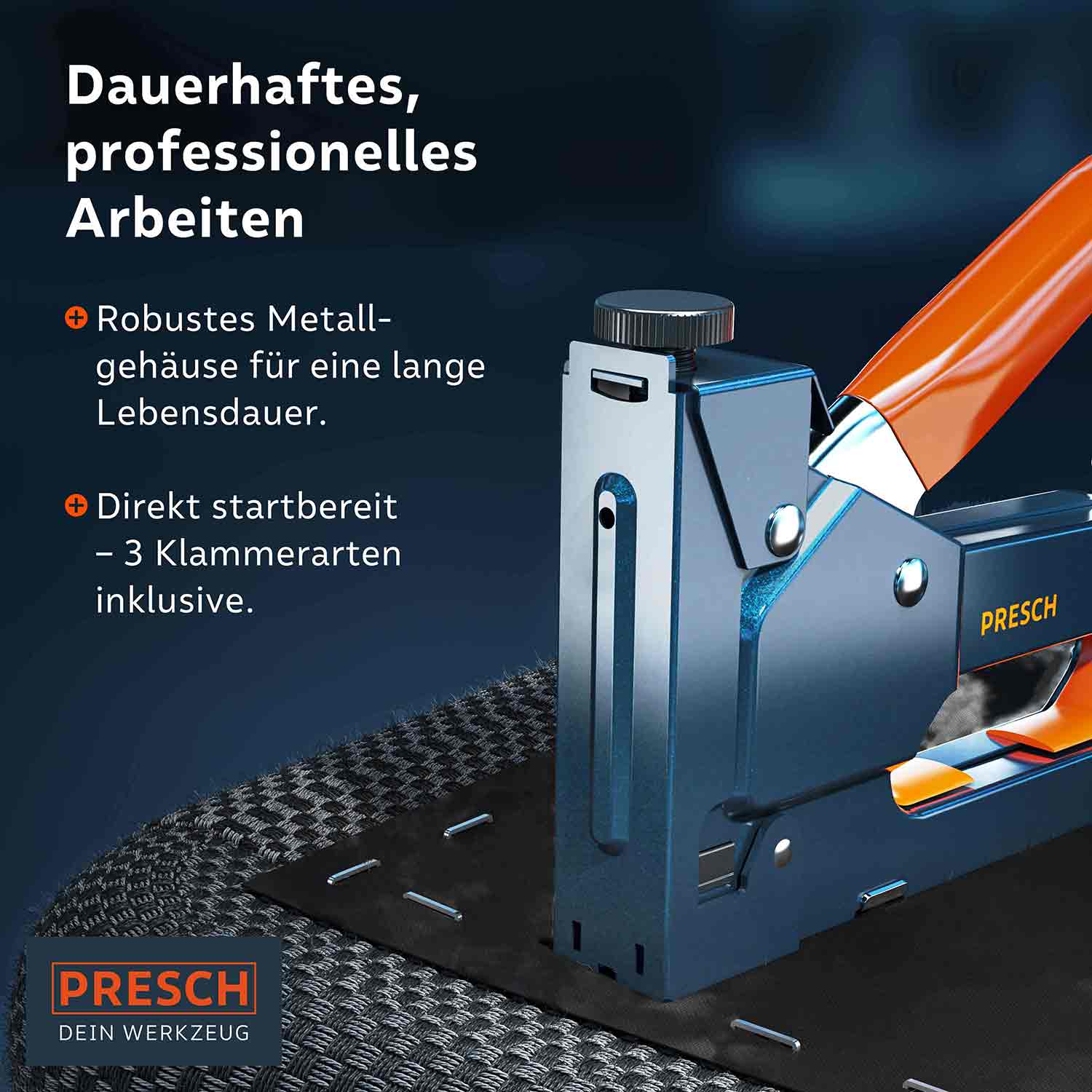 Presch Handtacker für professionelle Heftarbeiten und Tackeranwendungen mit robustem Metallgehäuse und verschiedenen Klammerarten.