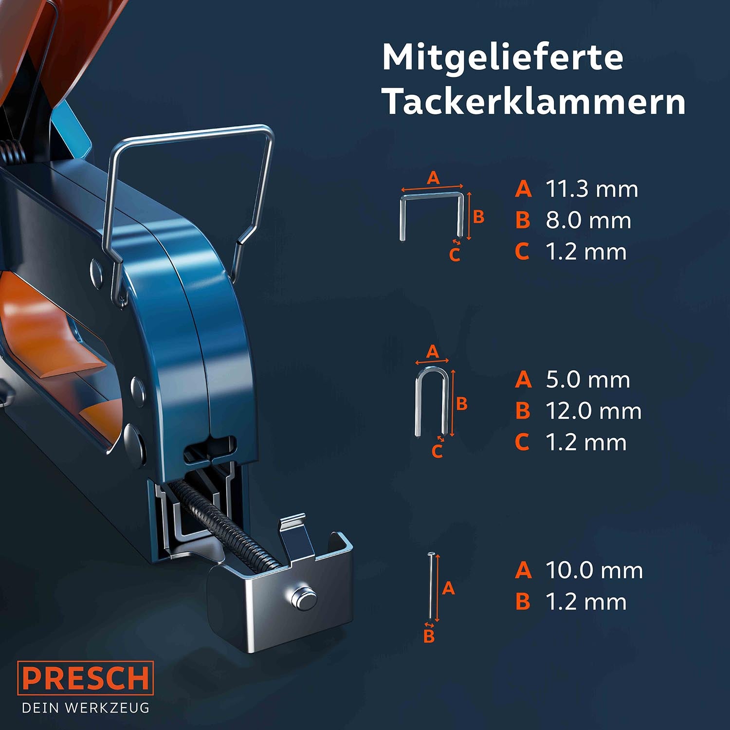 PRESCH Handtacker mit mitgelieferten Tackerklammern verschiedener Größen für Heftaufgaben und Befestigungsarbeiten