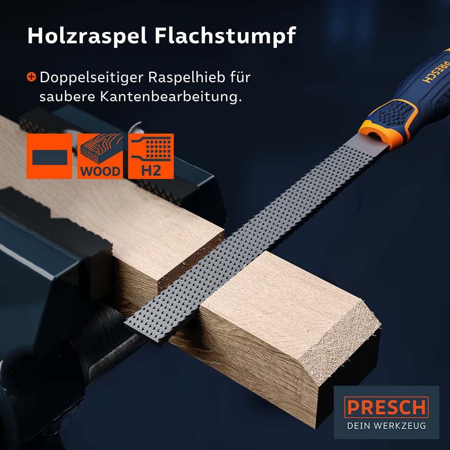 Flachstumpfe Holzraspel von PRESCH zur präzisen Holzbearbeitung mit ergonomischem Griff und doppelseitiger Feile.