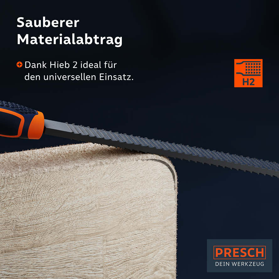 Presch Holzraspel flachstumpf für präzisen Abtrag von Material, Feilenwerkzeug mit ergonomischem Griff.
