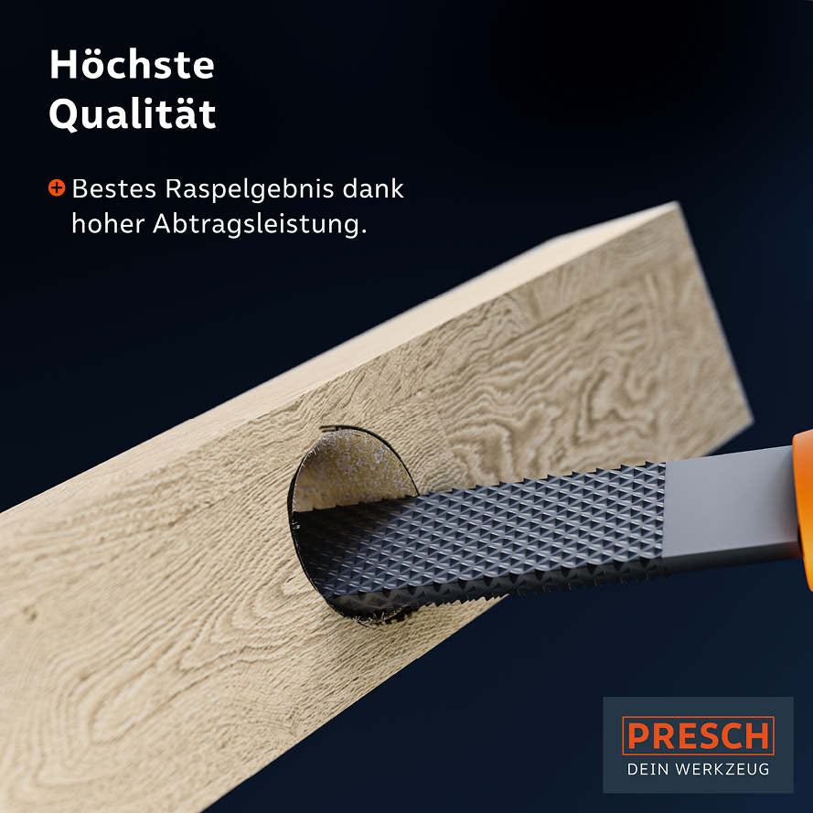 Halbrundfeile von Presch zum Glätten von Holz mit ergonomischem Griff und Feilenblatt in professioneller Qualität.
