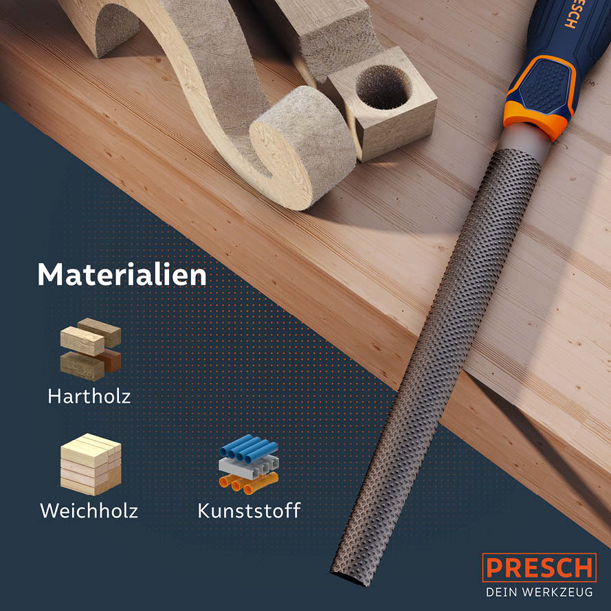 Halbrunde Holzraspel von PRESCH für die Bearbeitung von Hartholz, Weichholz und Kunststoff.
