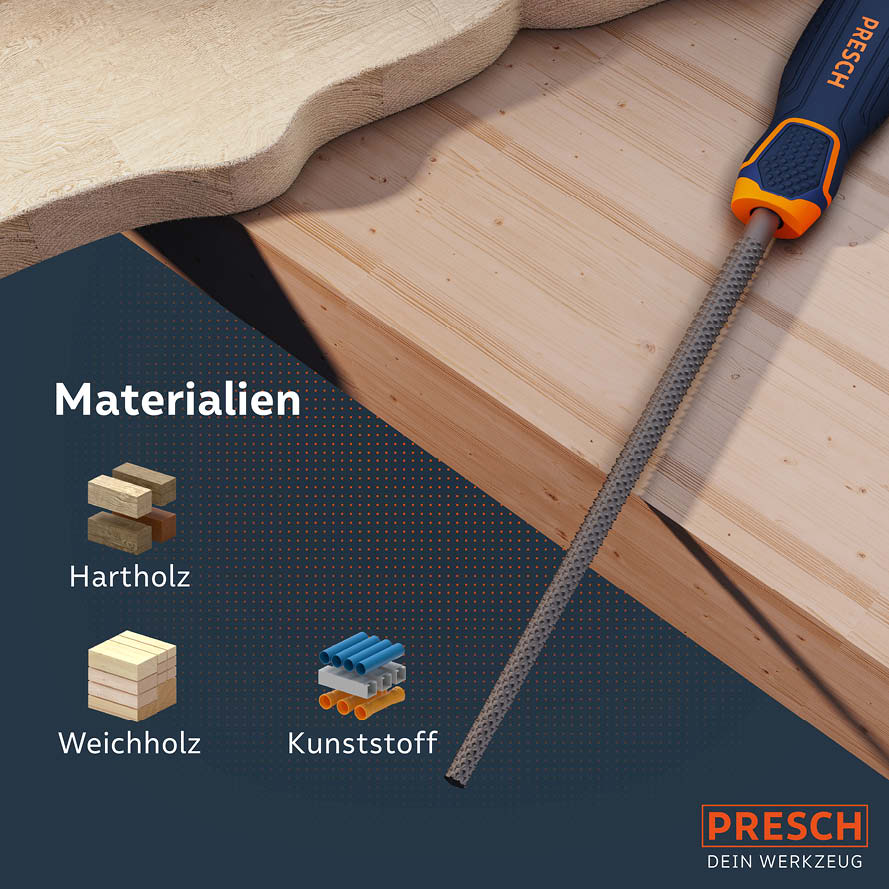 PRESCH Holzraspel rund für Hartholz und Weichholz, Feilenwerkzeug für Tischler und Holzbearbeitung