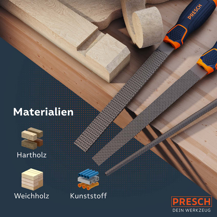 PRESCH Holzraspel Set für die Bearbeitung von Hartholz, Weichholz und Kunststoff, inklusive grober und feiner Raspeln.