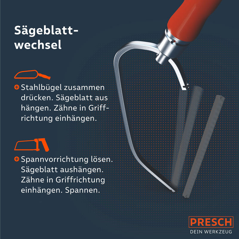 PRESCH Metallsäge mit austauschbarem Holzsägeblatt und Anleitung für den Sägeblattwechsel.