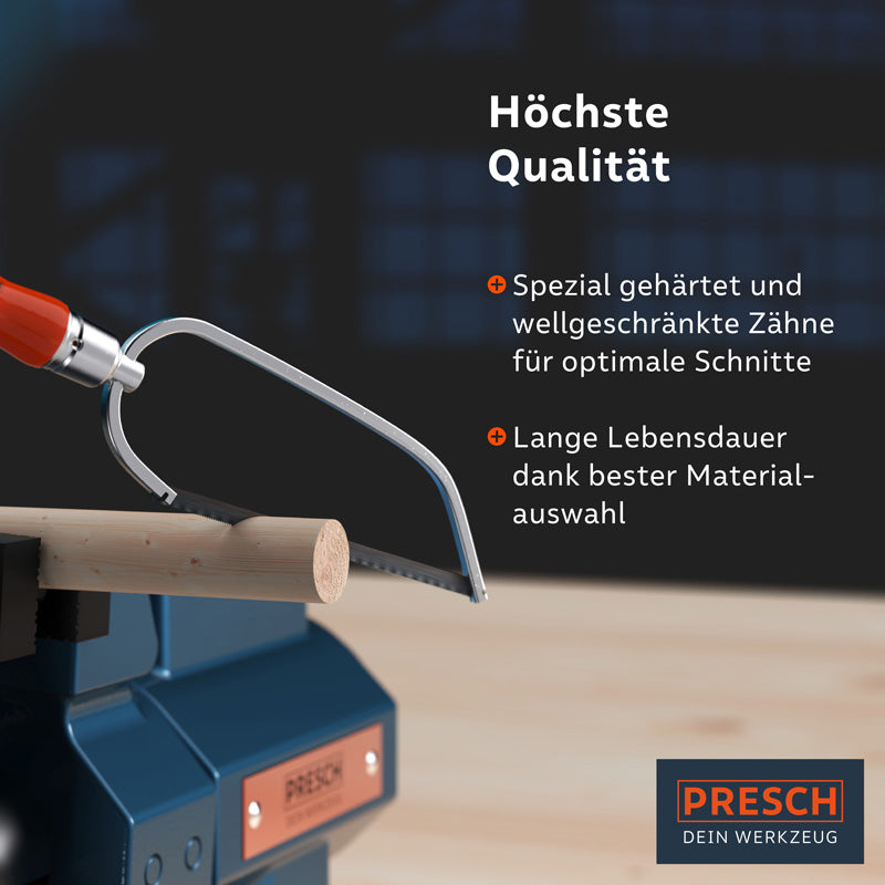 Holzsägeblatt von PRESCH mit spezialgehärteten, wellengeschliffenen Zähnen und ergonomischem Griff für exakte Schnitte in Holz.