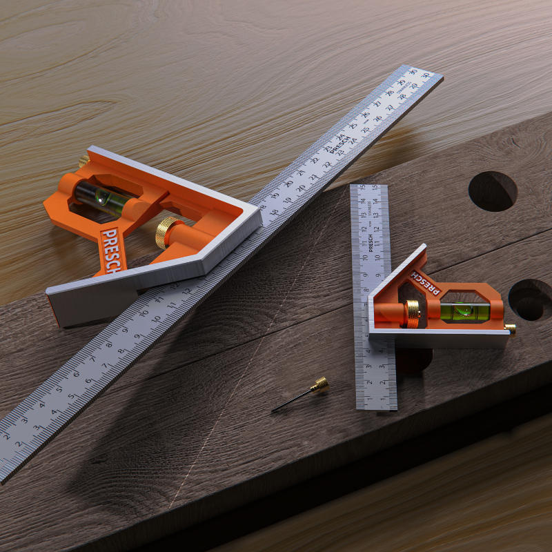 PRESCH Kombinationswinkel Set auf Holzuntergrund mit Messwerkzeug und Anreißwerkzeug.