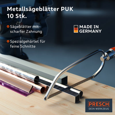 Presch Metallsägeblatt auf Holzuntergrund mit Fokus auf Präzisionsschnitt und strapazierfähigen Sägezähnen, Qualitätswerkzeug Made in Germany.