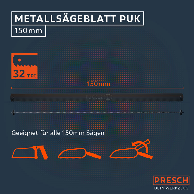 Presch Metallsägeblatt 150mm für PUK-Sägen mit 32 Zähnen pro Zoll, ideal für Präzisionsschnitte in Metall