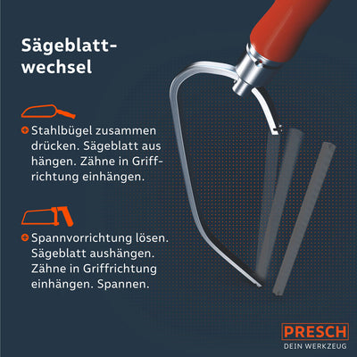 PRESCH Metallsägeblatt 10149-06 mit Anleitung für Sägeblattwechsel, Zahnung und Bügelsäge.