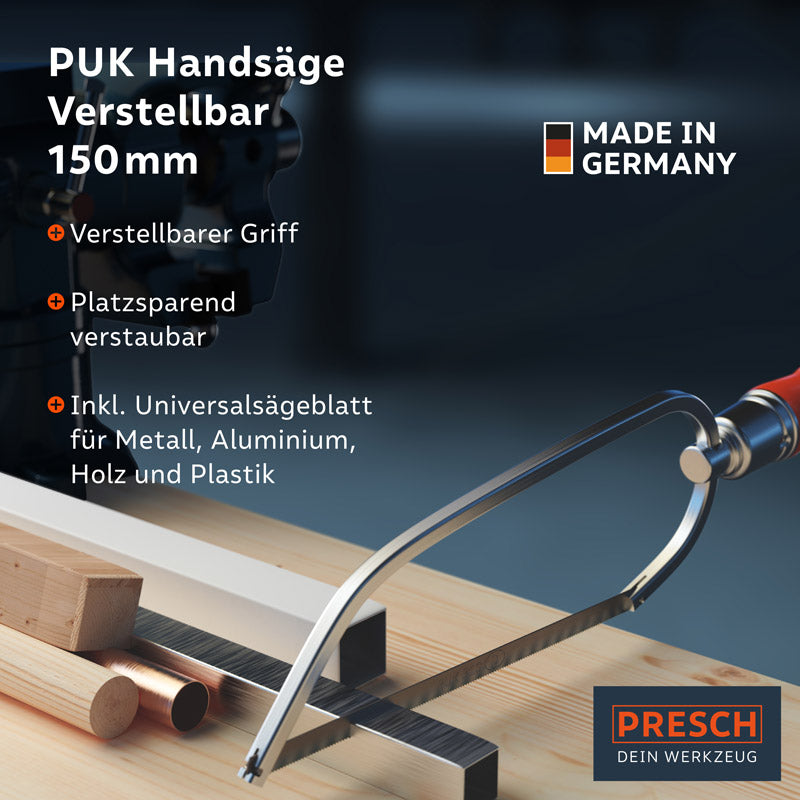 PRESCH PUK Handsäge 10152 mit verstellbarem Griff und Universalblatt für Holz und Metallbearbeitung.