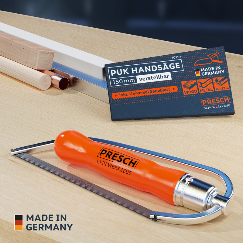 PRESCH PUK-Handsäge 10152 mit verstellbarem Universal-Sägeblatt für Holz und Metall auf Werkbank