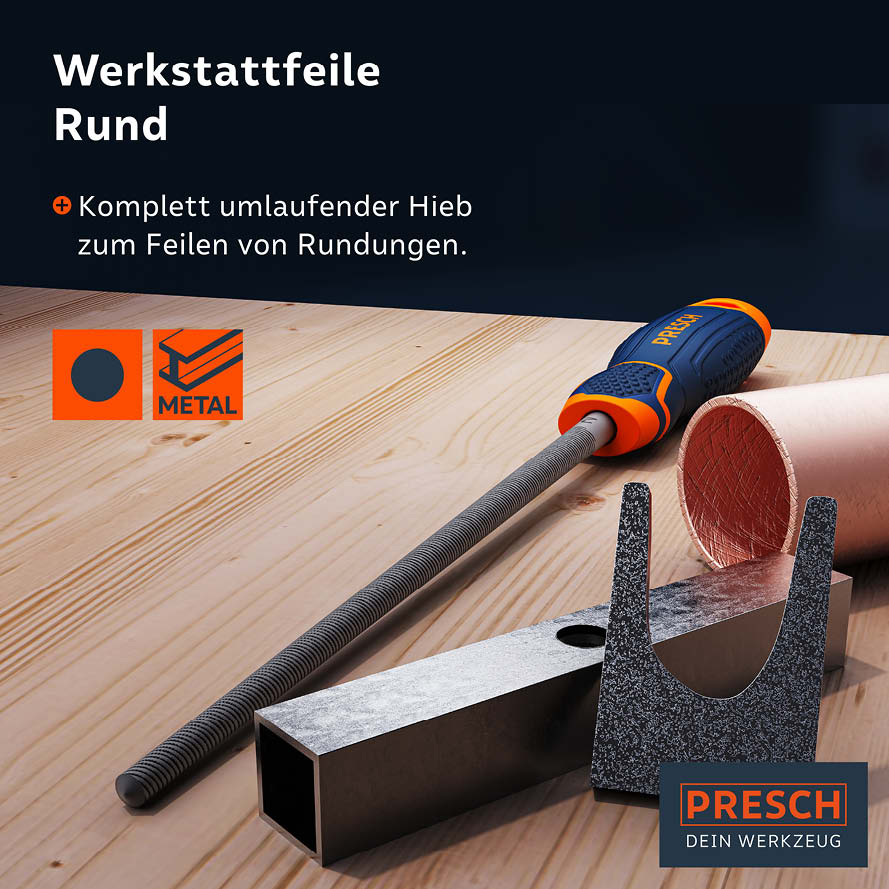 Rundfeile von PRESCH auf Holzuntergrund mit Umlaufhieb zur Metallbearbeitung