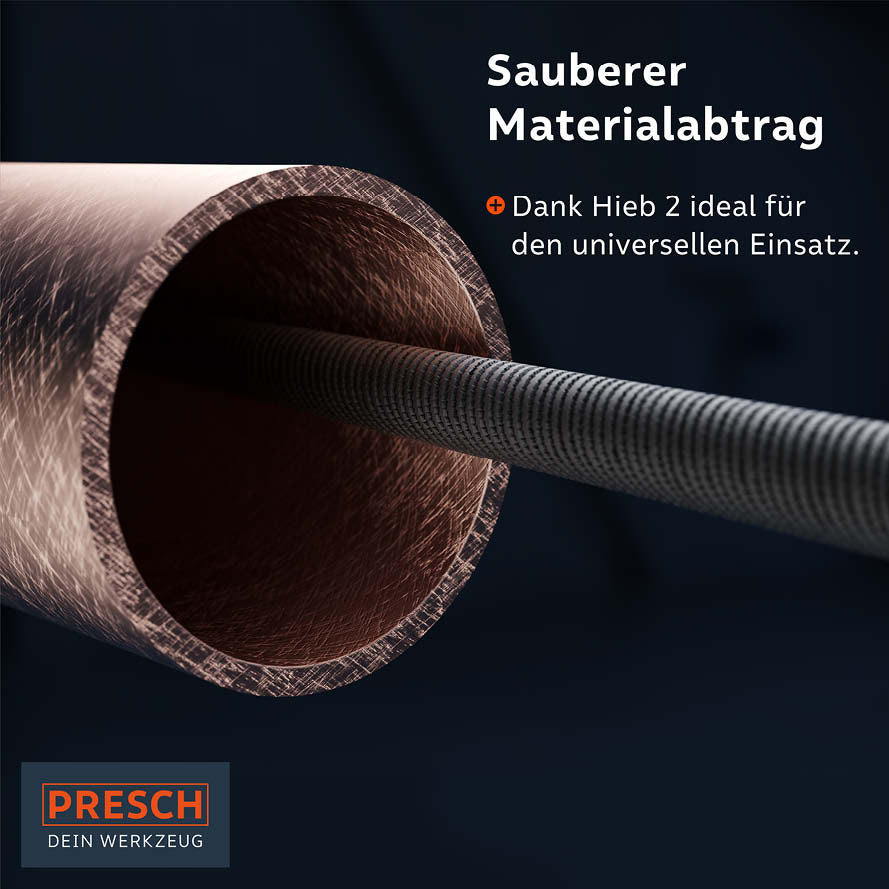 Rundfeile von Presch für präzises Feilen und Formen von Metallrohren mit ergonomischem Griff und gleichmäßigem Materialabtrag.