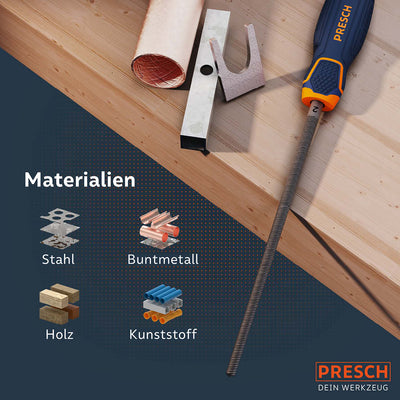 PRESCH Rundfeile Nummer 8 für Metallbearbeitung mit ergonomischem Griff und illustration von Materialien wie Stahl, Buntmetall, Holz und Kunststoff.