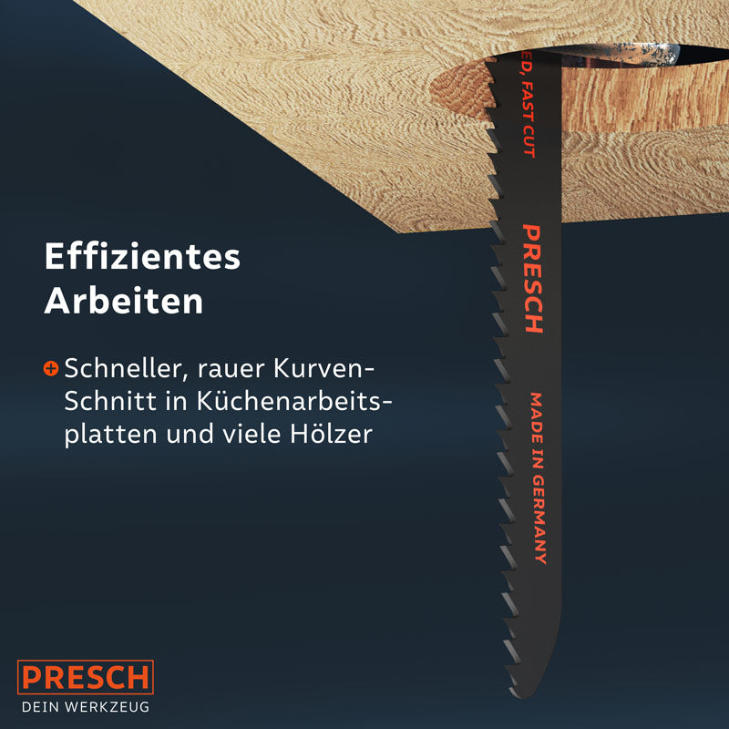 PRESCH Säbelsägeblatt für Holz mit 130mm Länge für effiziente Kurvenschnitte, inklusive alternativer Sägeblatt-Optionen für verschiedene Holzarten