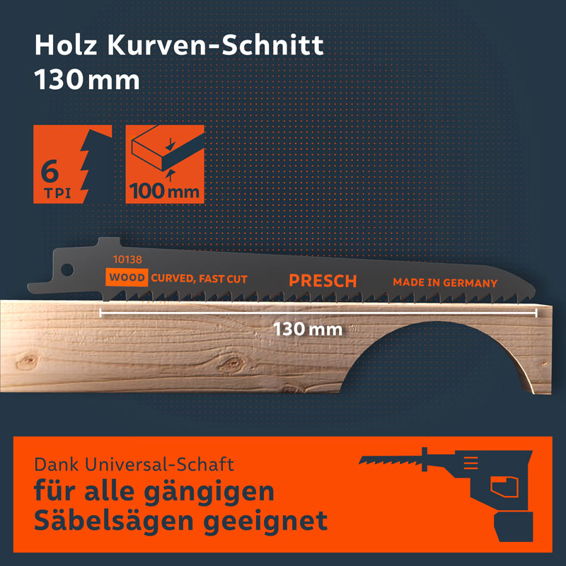 PRESCH Säbelsägeblatt für Holz, 130mm, ideal für Kurvenschnitte und präzises Sägen, kompatibel mit gängigen Säbelsägen.