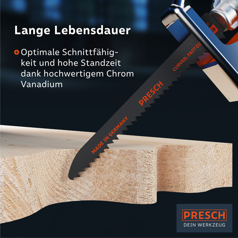 Presch Säbelsägeblatt 130mm zum Kurvenschnitt in Holz mit langer Lebensdauer und hoher Schnittpräzision, hergestellt aus Chrom Vanadium.