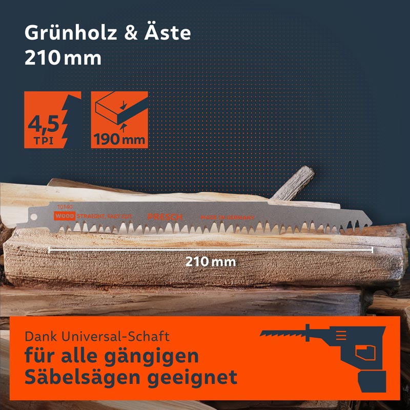 PRESCH Säbelsägeblatt 210mm für Grünholz und Äste, passend für gängige Säbelsägen, Holzschneidewerkzeug.