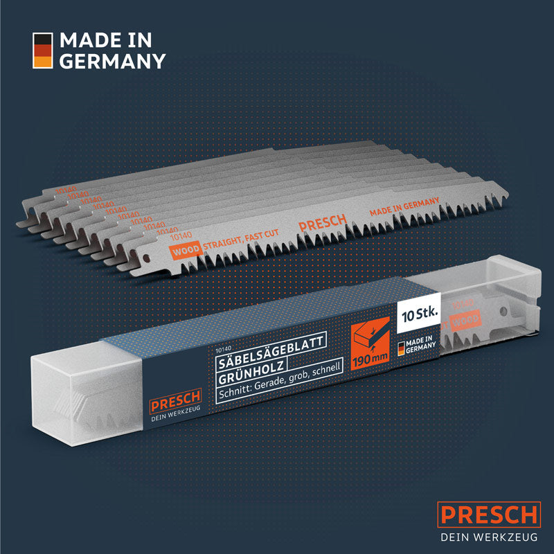 Säbelsägeblatt für Holz 210mm, optimal für Grünholz, robuste Sägeblätter von PRESCH mit gerader, schneller Schnittführung.