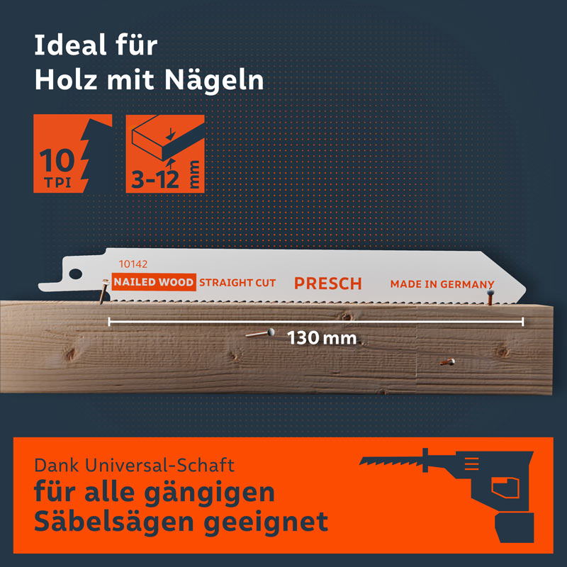 PRESCH Säbelsägeblatt für Holz mit Nägeln, 130mm, für präzise Schnitte und Sägearbeiten.