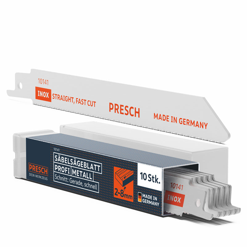 PRESCH Säbelsägeblatt für Metall 130mm aus Edelstahl, professionelle Sägeblatt-Verpackung mit Fokus auf schnellen und geraden Schnitt.