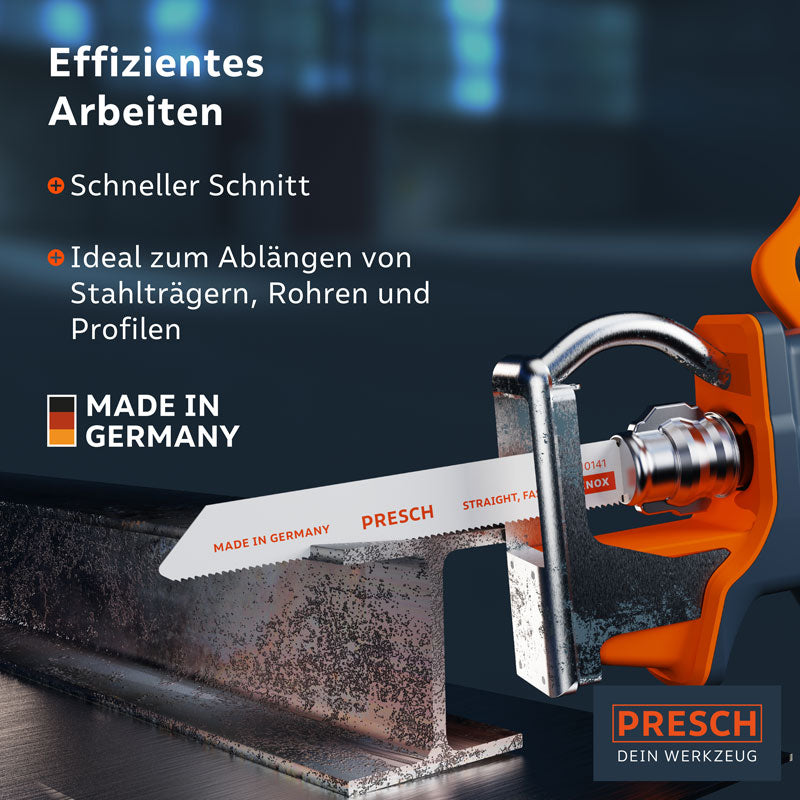 PRESCH Säbelsägeblatt für Metall 130mm aus Edelstahl, effizient für schnelle Schnitte bei Stahlträgern, ideal für Metallbearbeitung und Präzisionsarbeiten.