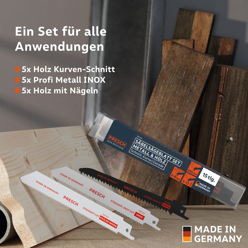 15-teiliges Säbelsägeblätter-Set von PRESCH für Metall und Holz, inklusive Kurvenschnitt- und Geradschnittblätter.