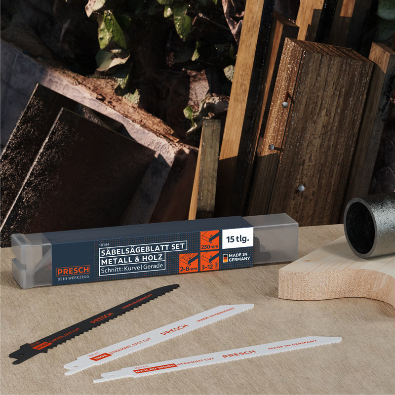 PRESCH Säbelsägeblätter-Set für Metall und Holz, 15-teilig, auf Holzuntergrund mit unterschiedlichen Sägeblättern und Verpackung