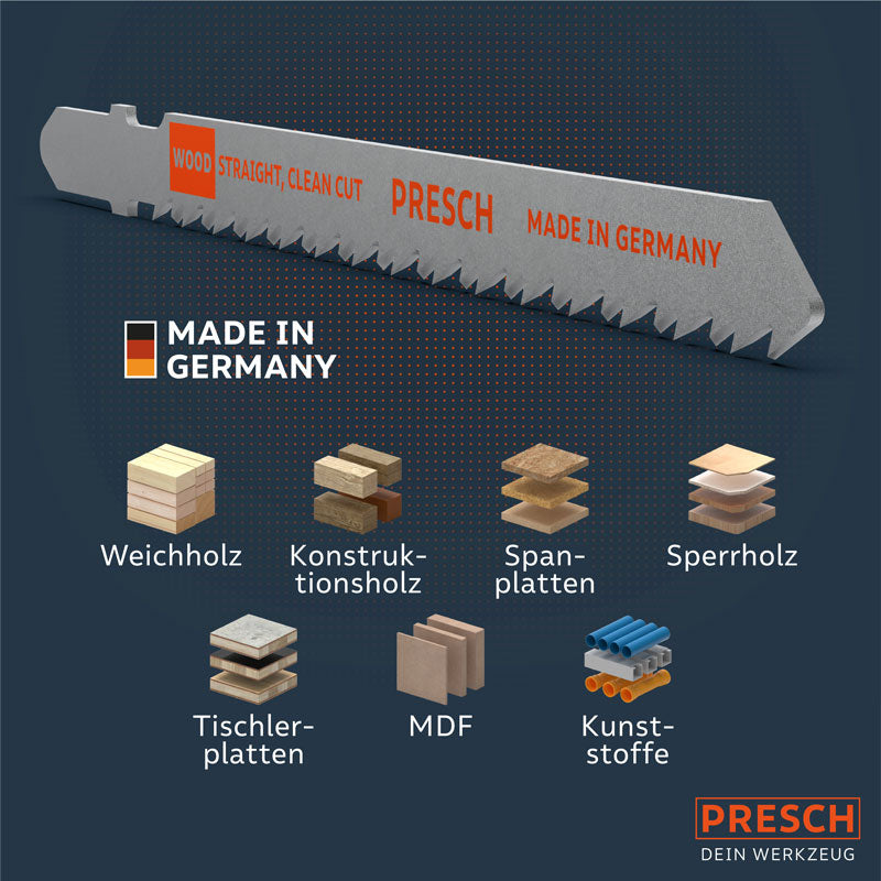 PRESCH Stichsägeblätter für Holz, präziser Schnitt und Sägeblatt-Zubehör für verschiedene Holzarten und Kunststoffe.