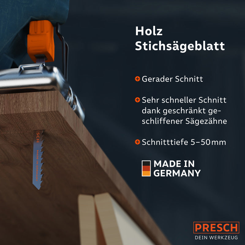 Stichsägeblätter für Holz von PRESCH mit präzisen Schnittkanten und unterschiedlichen Schnittiefen, Qualitäts-Werkzeug Made in Germany.