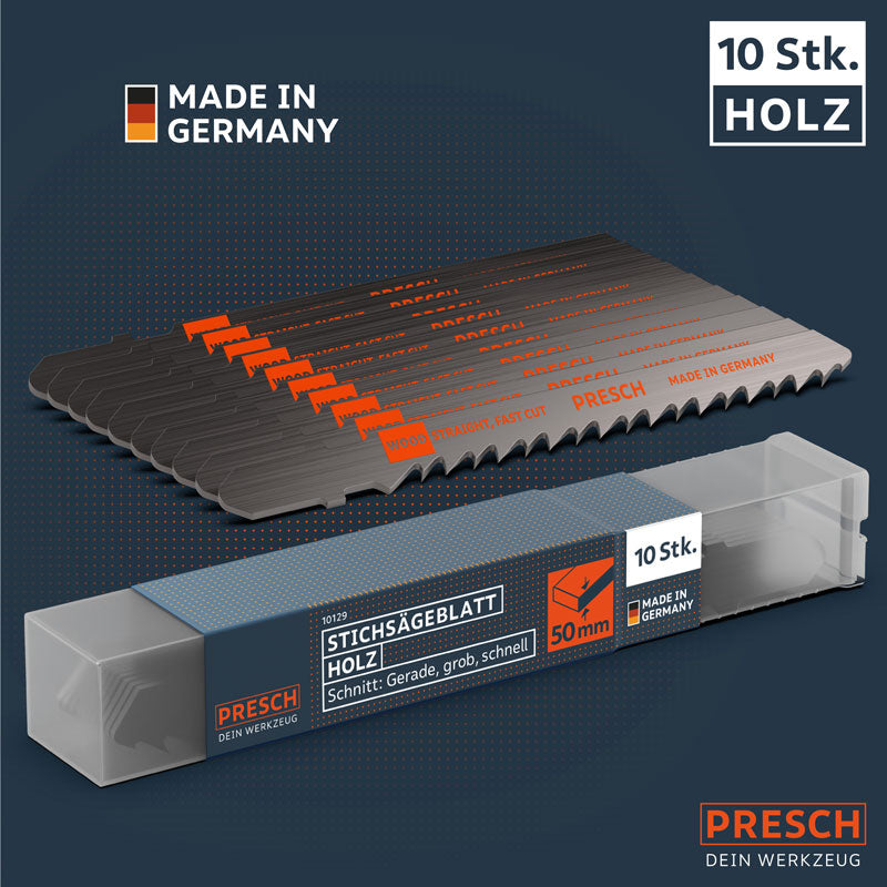 PRESCH Stichsägeblätter für Holz mit grober Schnittführung und schnellem Schnittergebnis, Produktverpackung und Made in Germany-Label.