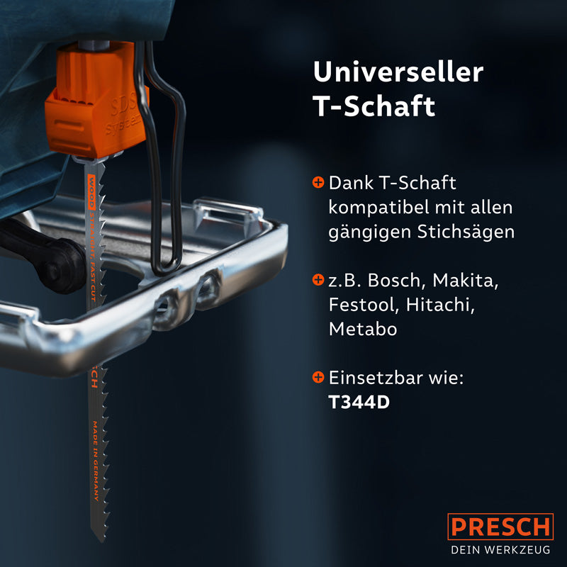 PRESCH Stichsägeblätter für Holz, universelle T-Schaft-Konfiguration, kompatibel mit Elektrosägen verschiedener Marken.
